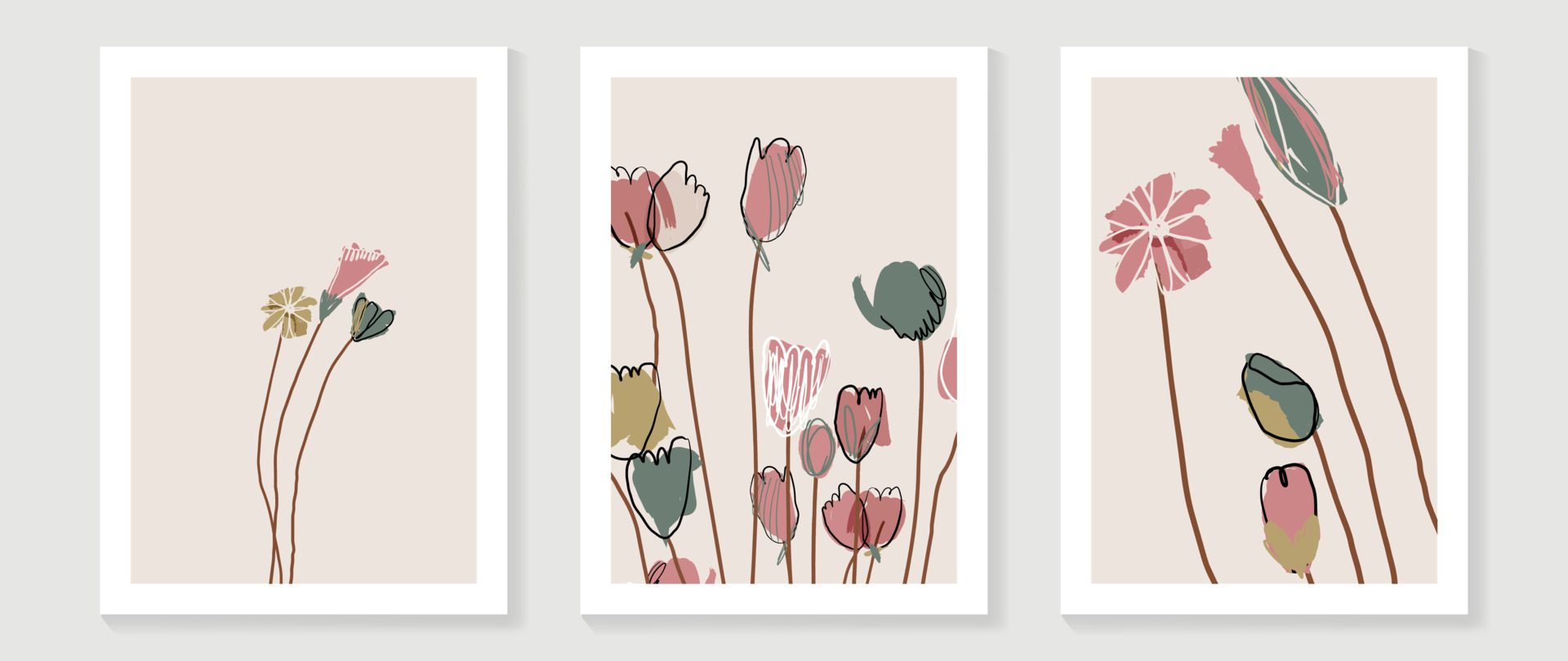 Abstract floral and botanical watercolor wall art vector set. Hand