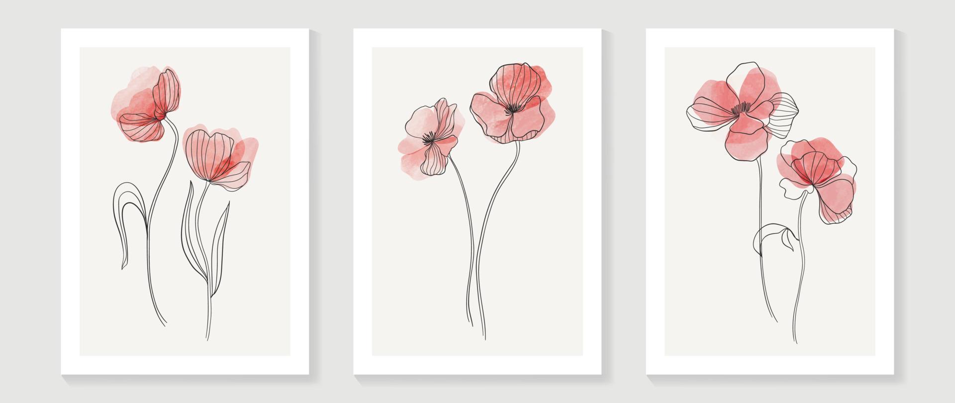 Abstract floral and botanical watercolor wall art vector set. Botanical flower line art with organic shapes, earth tone colors. Minimal nature design for home decor, interior, poster, cover, banner.