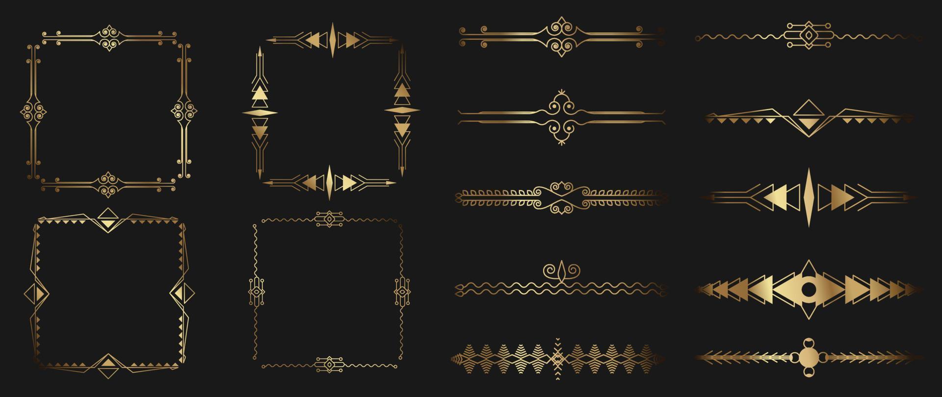 Collection of geometric art deco ornament. Luxury golden decorative elements with different lines, shapes, frames, divider and border. Elegant vector set design for card, invitation, poster, banner.