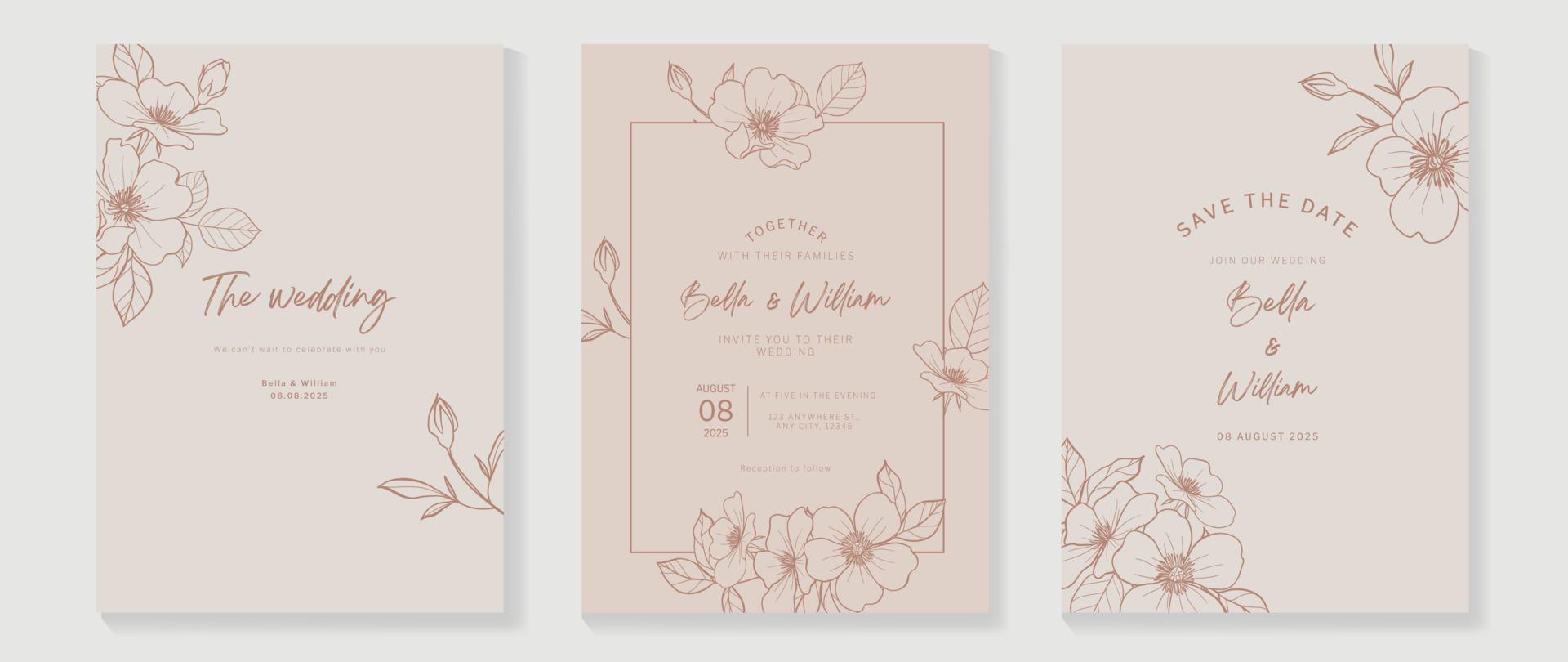 vector de fondo de tarjeta de invitación de boda de lujo. Fondo de plantilla de textura de arte de línea de dibujo de contorno de flor botánica elegante. ilustración de diseño para boda y plantilla de portada vip, banner.