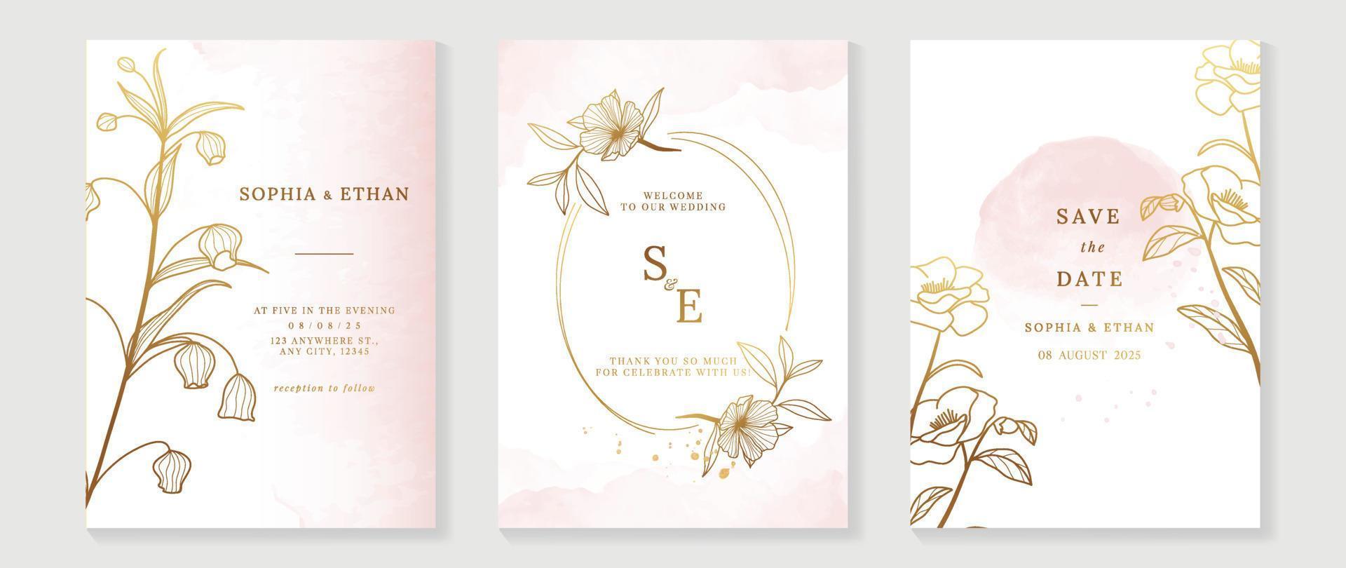 Luxury wedding invitation card background vector. Elegant botanical flower leaf branch gold line art and watercolor texture background. Design illustration for wedding and vip cover template, banner. vector