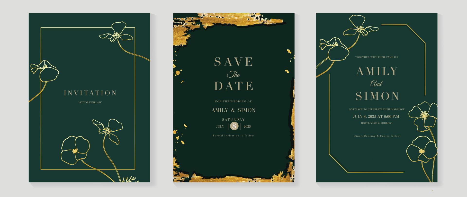 Luxury wedding invitation card background vector. Elegant gold botanical flower line art with frame and golden brush stroke texture. Design illustration for wedding and vip cover template, banner. vector