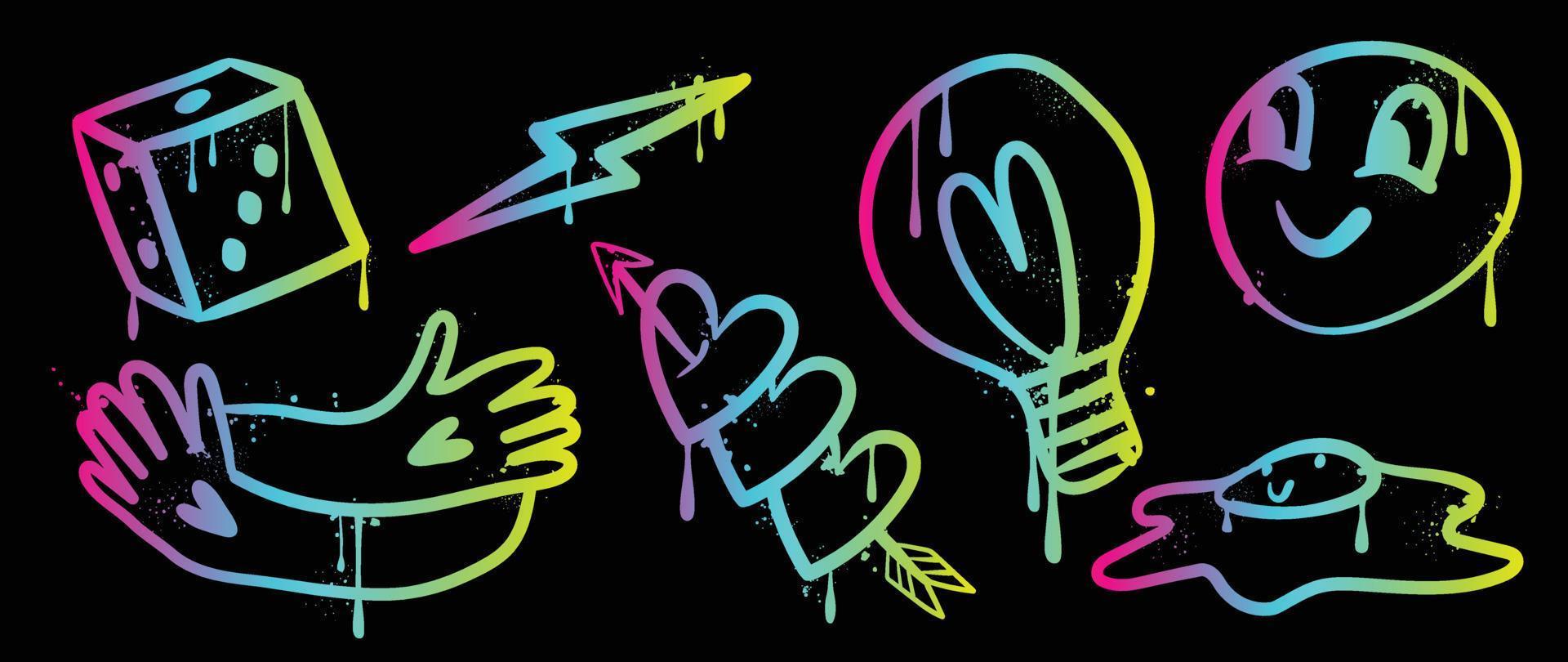 Set of graffiti spray paint vector. Collection colorful spray texture of dice, lightning bolt, heart, light bulb, comic face. Design illustration for decoration, card, sticker. banner, street art. vector