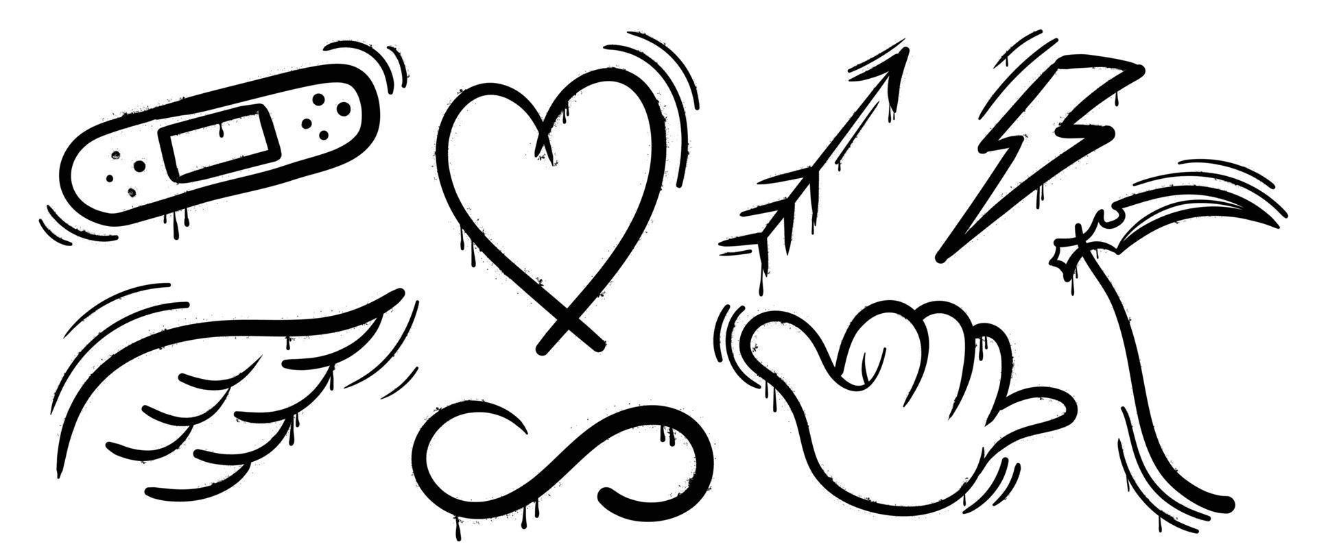 conjunto de vectores de pintura en aerosol de graffiti. colección de textura de aerosol negro de corazón, ala, flecha, rayo, símbolo, yeso, signo. ilustración de diseño para decoración, tarjeta, pegatina. pancarta, arte callejero.
