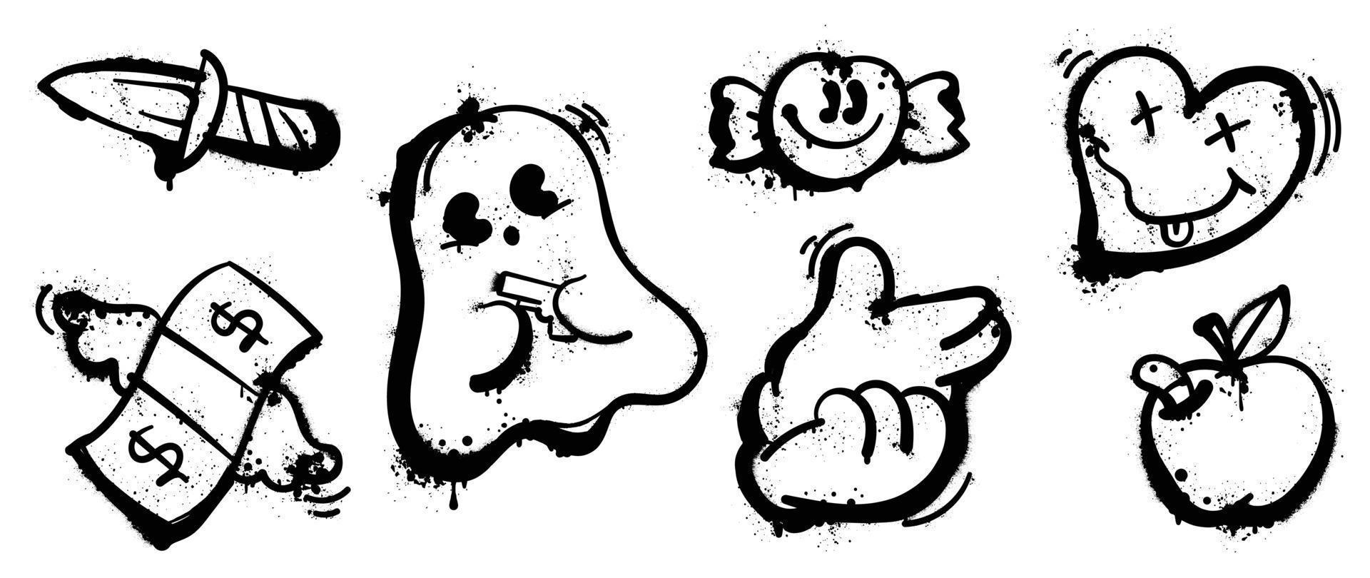 Set of graffiti spray paint vector. Collection black spray texture of ghost, knife, banknote, candy, heart, hand sign, apple. Design illustration for decoration, card, sticker. banner, street art. vector