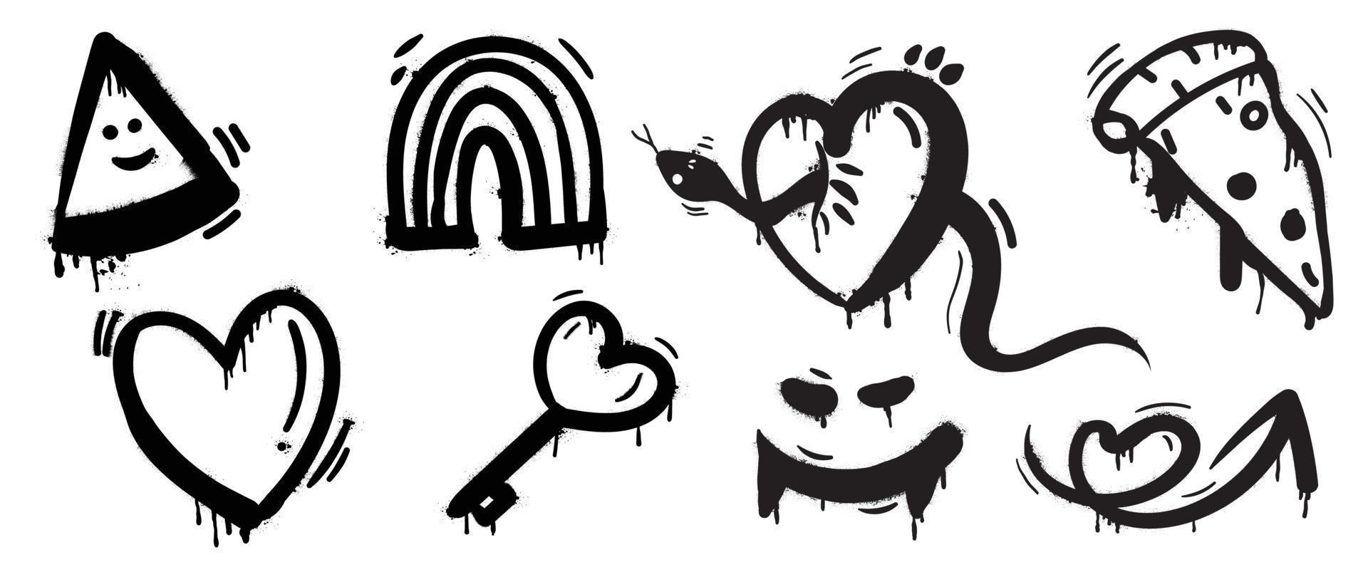 Set of graffiti spray paint vector. Collection black spray texture of triangle face, heart, snake, key, monster, pizza, arrow. Design illustration for decoration, card, sticker. banner, street art. vector