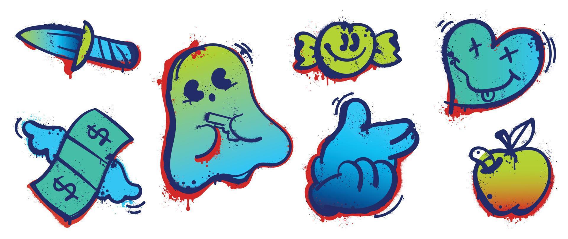 Set of graffiti spray paint vector. Collection colorful spray texture of knife, hand sign, ghost, heart, candy, banknote, apple. Design illustration for decoration, card, sticker. banner, street art. vector