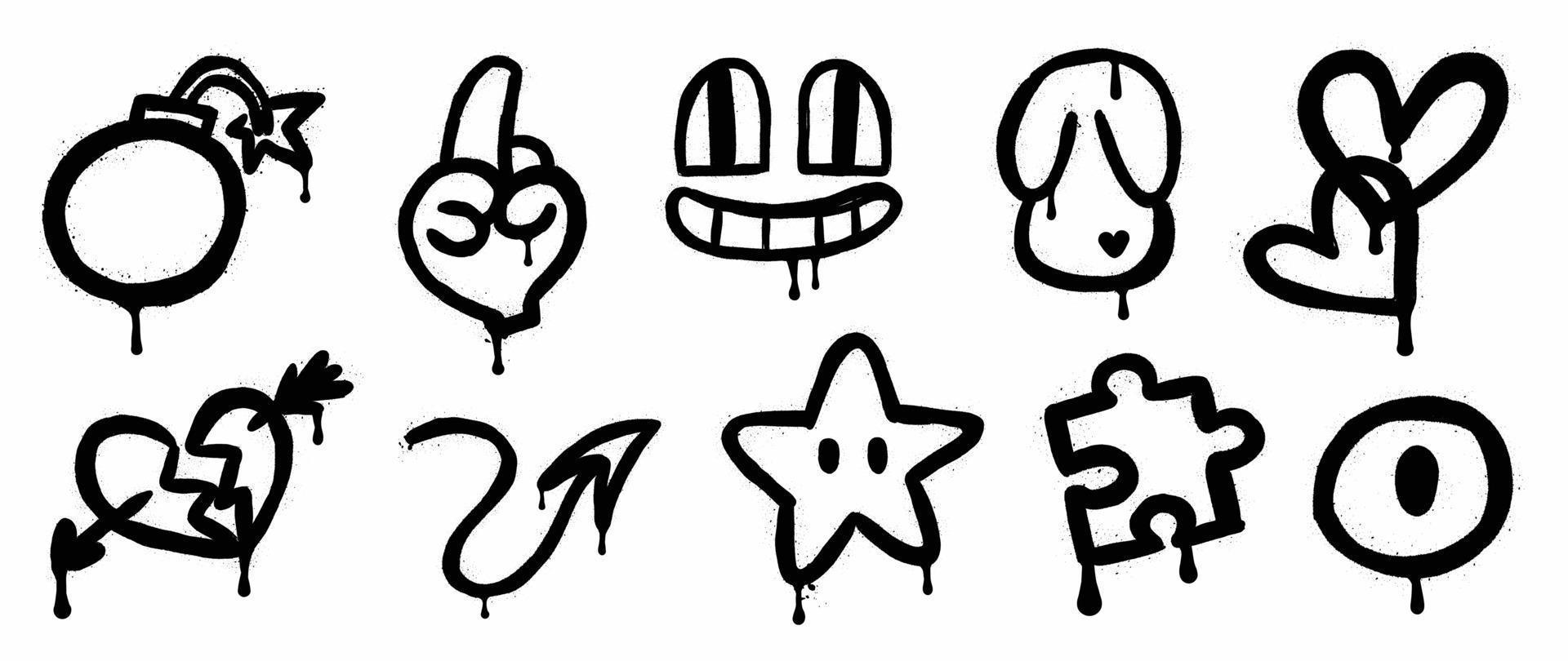 Set of graffiti spray paint vector. Collection black spray texture of bomb, hand sign, comic face, heart, arrow, star, jigsaw. Design illustration for decoration, card, sticker. banner, street art. vector