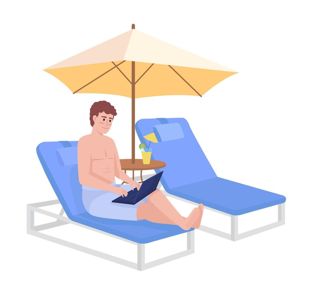 hombre que trabaja de forma remota en islas tropicales de carácter vectorial de color semiplano. figura editable. persona de cuerpo completo en blanco. ilustración de estilo de dibujos animados simple para diseño gráfico web y animación vector