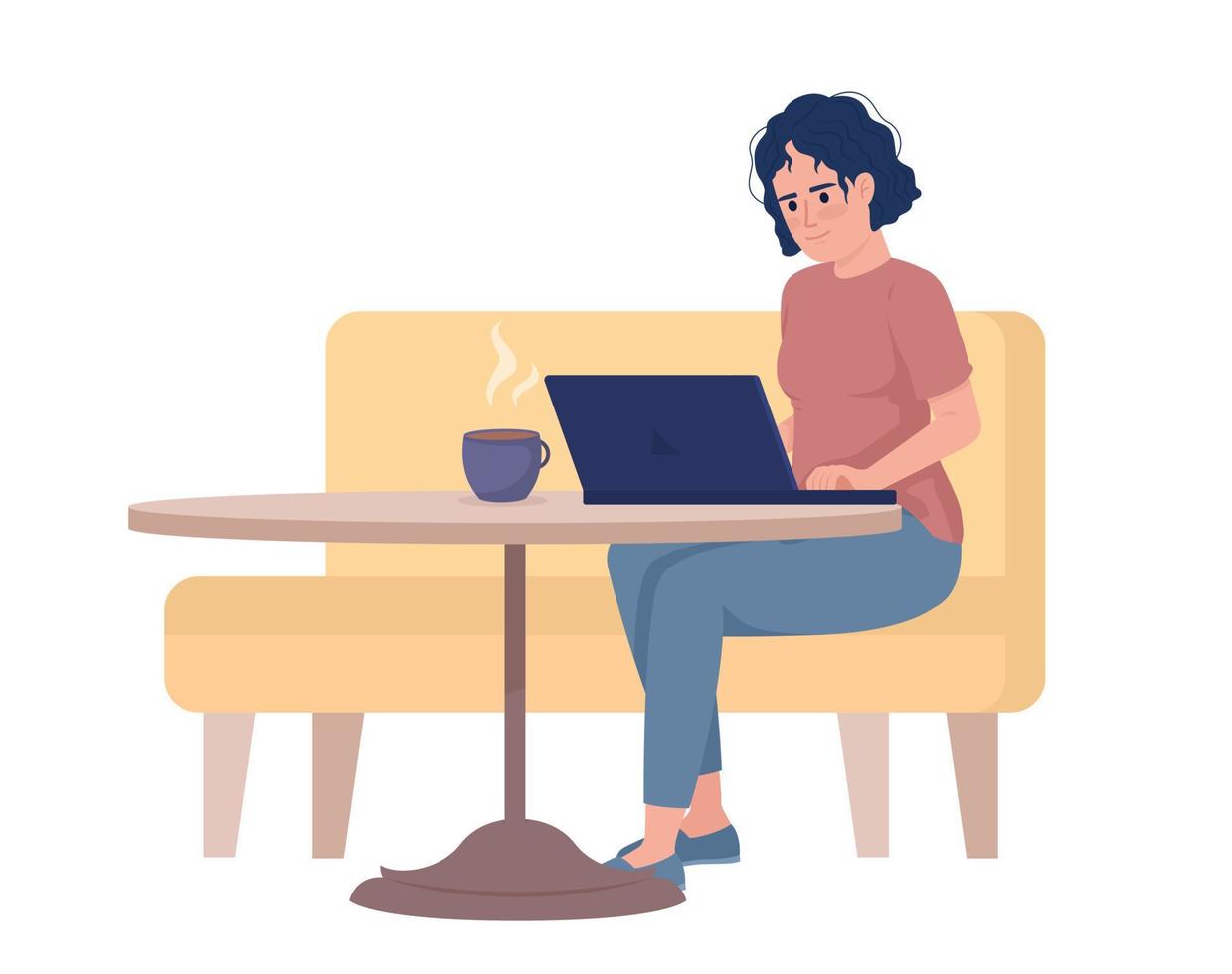 mujer despeinada escribiendo en una laptop desde un café con asientos de carácter vectorial de color semiplano. figura editable. persona de cuerpo completo en blanco. ilustración de estilo de dibujos animados simple para diseño gráfico web y animación vector