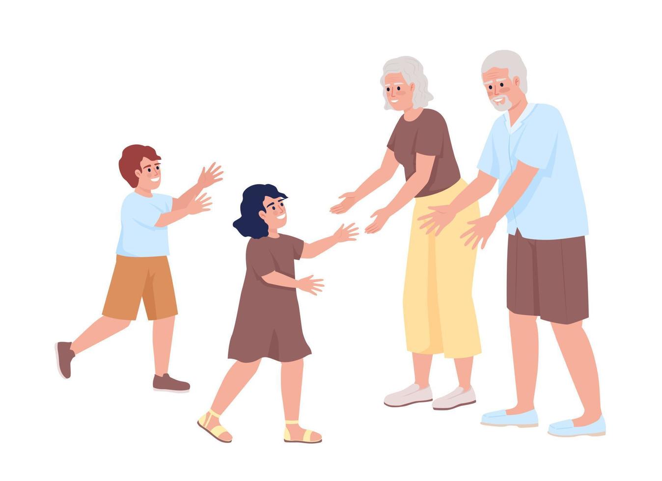 la abuela y el abuelo saludan a los nietos personajes vectoriales de color semiplano. figuras editables. personas de cuerpo completo en blanco. ilustración de estilo de dibujos animados simple para diseño gráfico web y animación vector