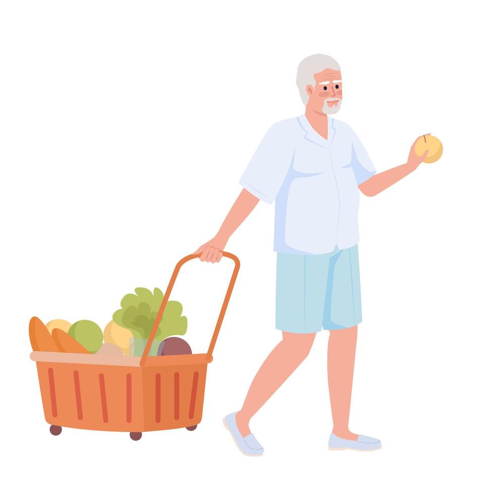 Senior man with shopping trolley semi flat color vector character. Buying vegetables. Editable figure. Full body person on white. Simple cartoon style illustration for web graphic design and animation