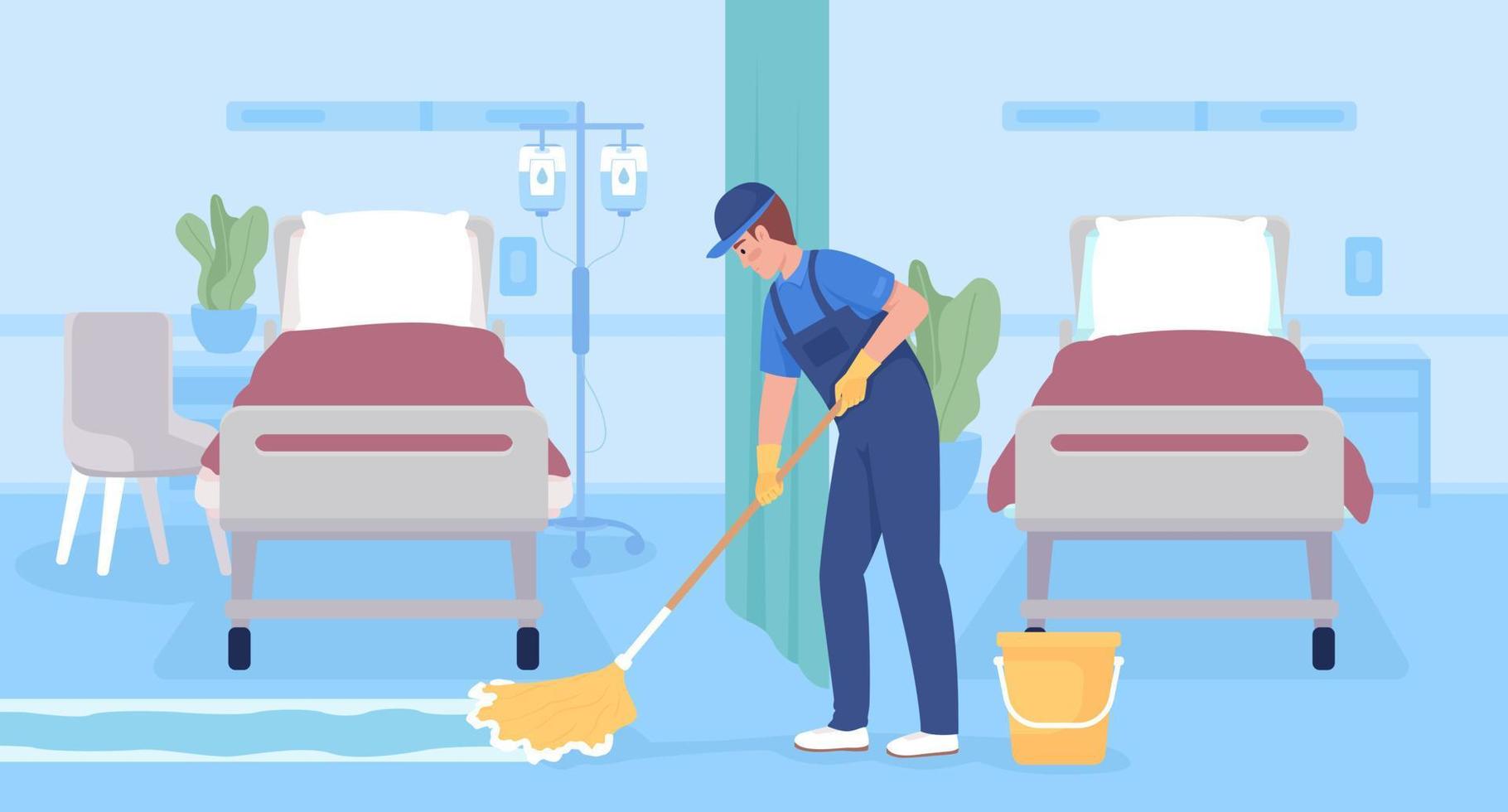 trapear las superficies del piso del hospital ilustración de vector de color plano. conserje masculino en piso de limpieza uniforme con fregona. personaje de dibujos animados simple 2d completamente editable con interior azul claro en el fondo