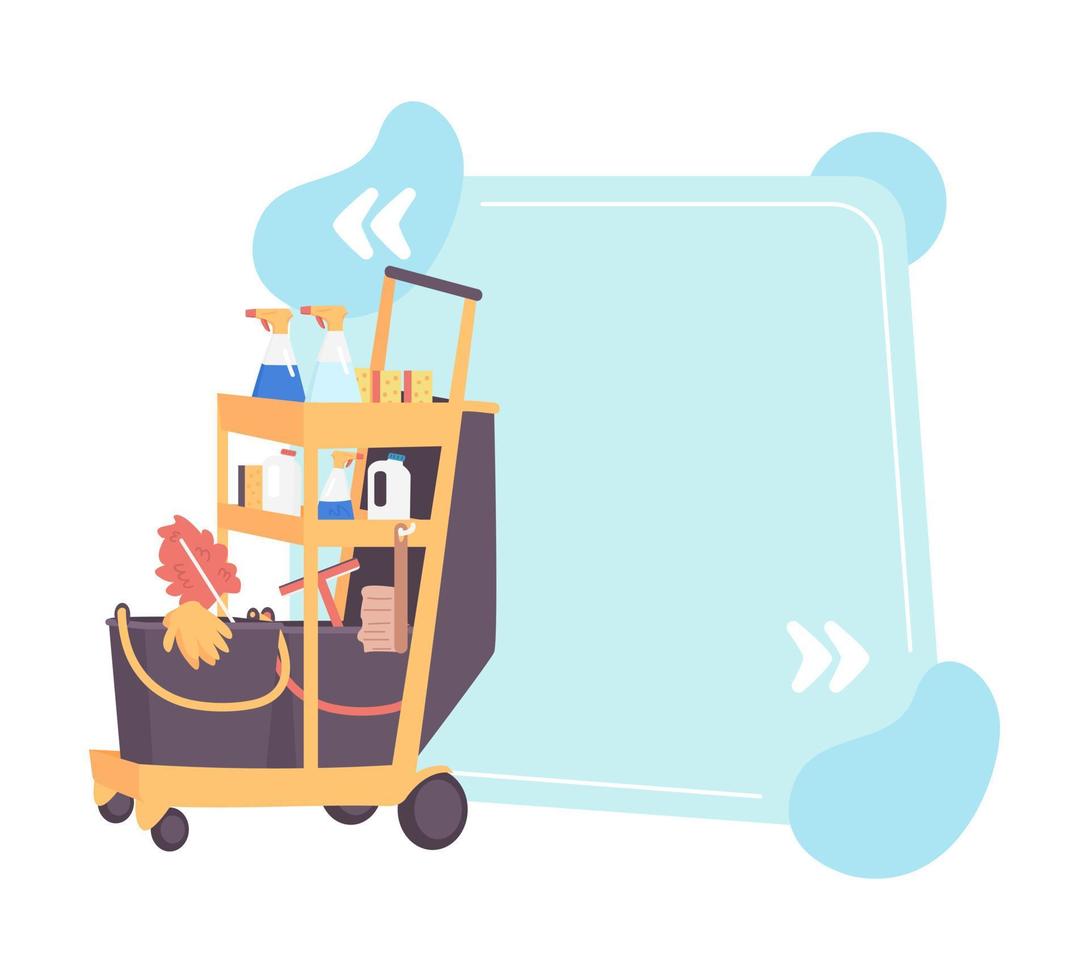 Housekeeping cart quote textbox with flat object. Maid trolley. Cleaning supplies in office, hotel. Speech bubble with editable cartoon illustration. Creative quotation isolated on white background vector