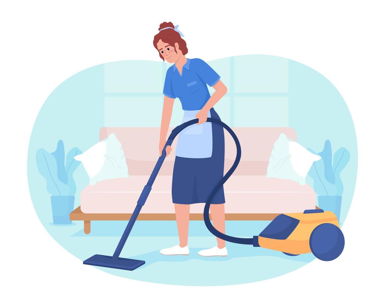 Apartment cleaning service 2D vector isolated illustration. Female housekeeper with vacuum cleaner flat character on cartoon background. Colorful editable scene for mobile, website, presentation