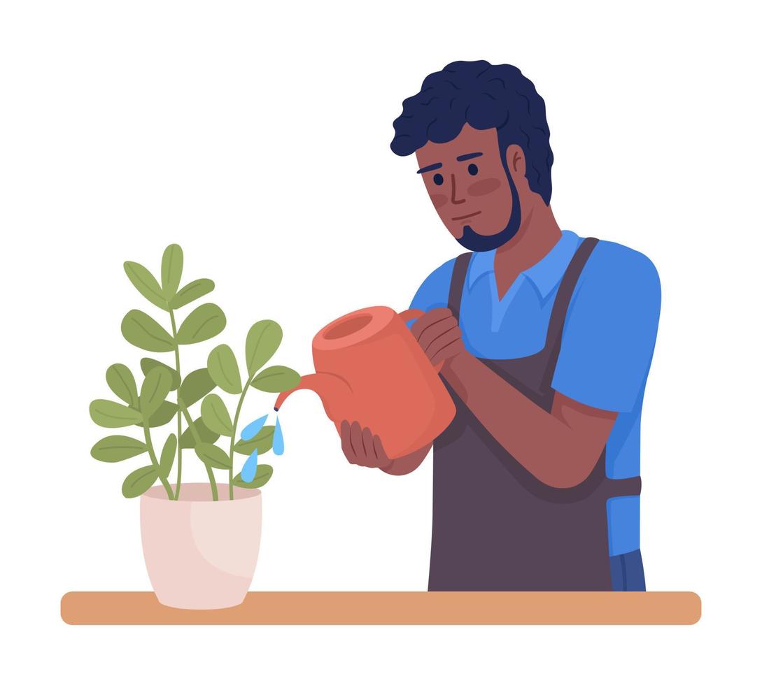 ama de llaves masculina regando plantas de interior regularmente carácter vectorial de color semiplano. figura editable. persona de medio cuerpo en blanco. ilustración de estilo de dibujos animados simple para diseño gráfico web y animación vector