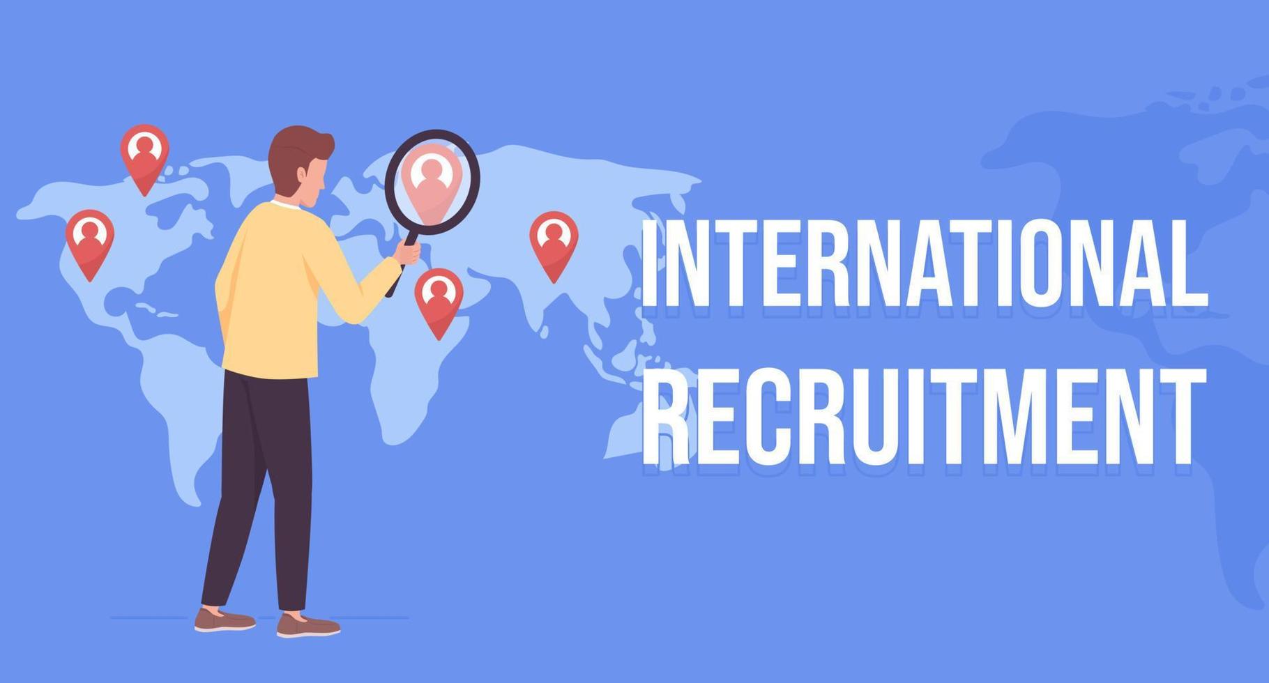 International recruitment flat vector banner template. HR strategy. Looking for employees abroad poster, leaflet printable color designs. Editable flyer page with text space