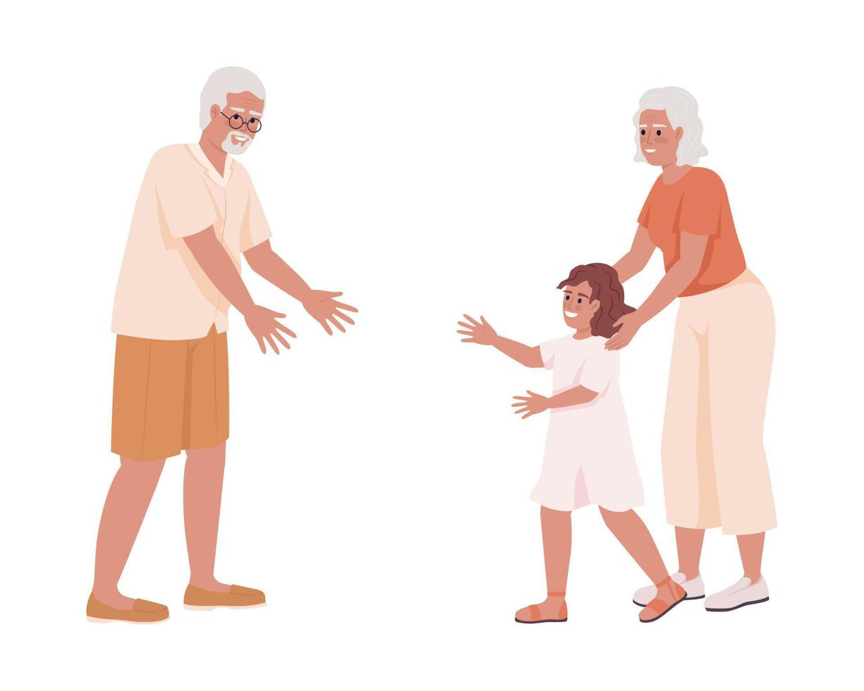 Granny introducing granddaughter to grandpa semi flat color vector characters. Editable figures. Full body people on white. Simple cartoon style illustration for web graphic design and animation