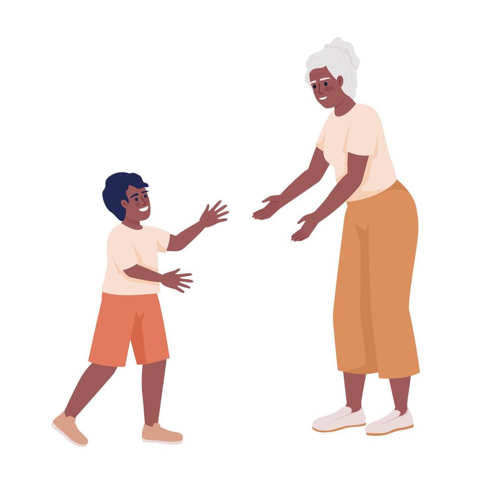 abuela extendiendo las manos a los personajes vectoriales de color semiplano del nieto. figuras editables. personas de cuerpo completo en blanco. ilustración de estilo de dibujos animados simple para diseño gráfico web y animación vector