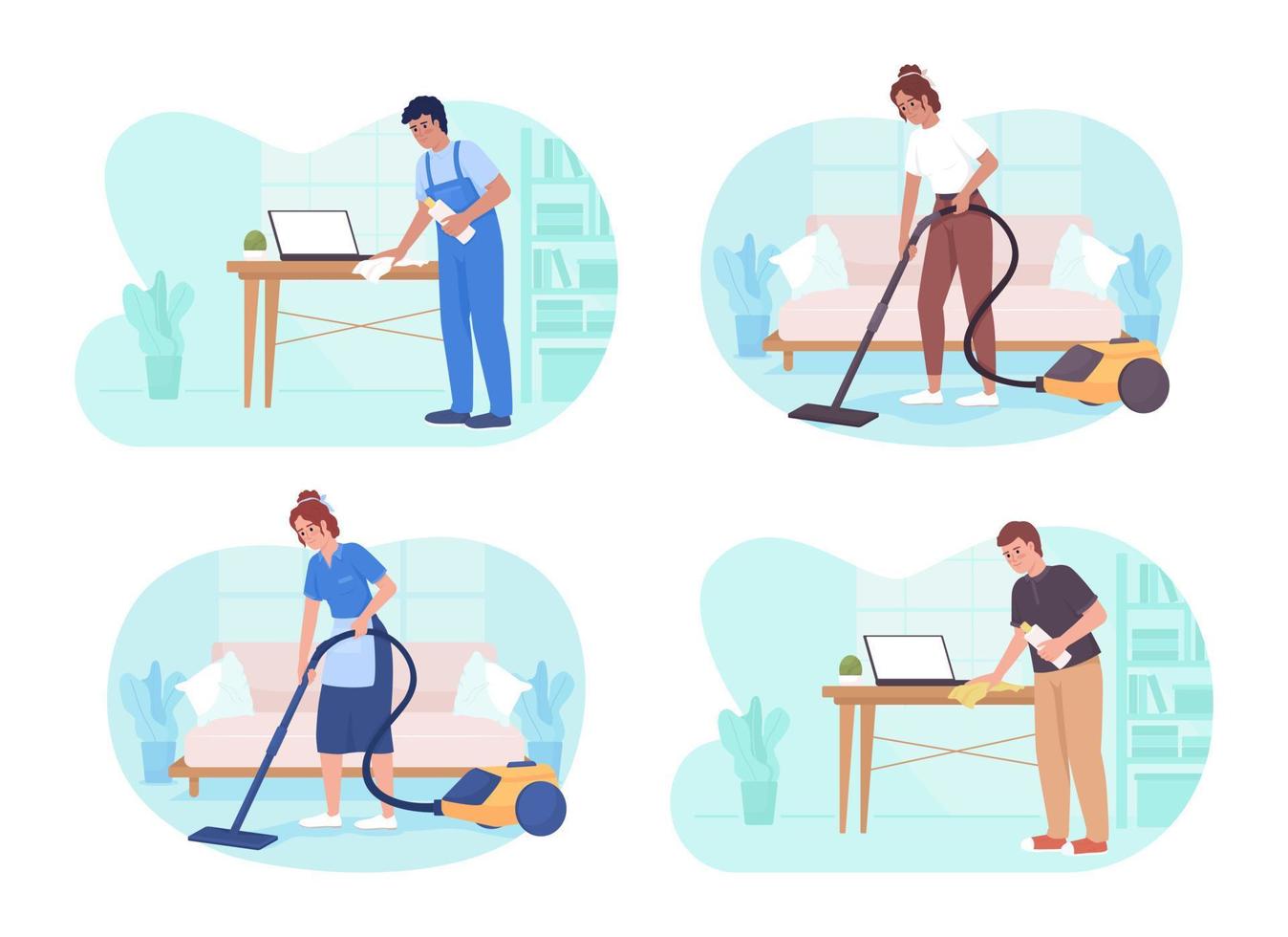 Cleaning dust at home service 2D vector isolated illustration set. Staff vacuuming, wiping surface flat characters on cartoon background. Colorful editable scene pack for mobile, website, presentation