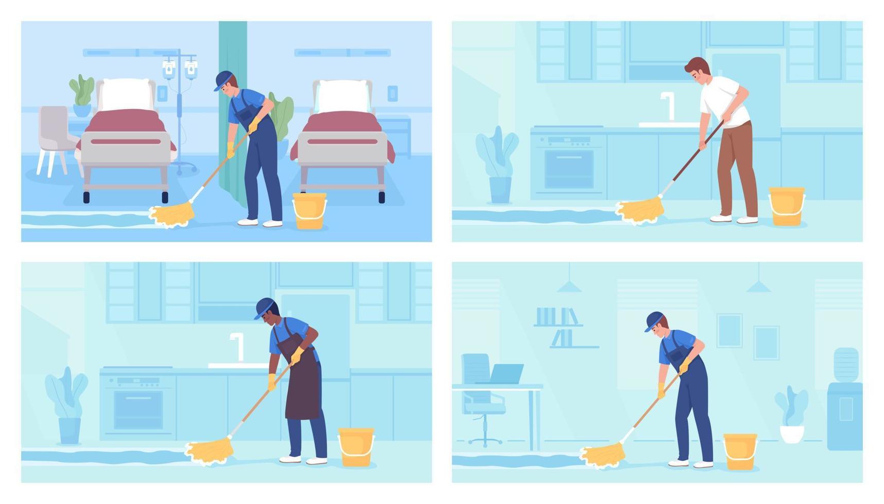 Floor cleaning services flat color vector illustrations set. Professional cleaner. Domestic chores. Fully editable 2D simple cartoon characters with light blue interior collection on background