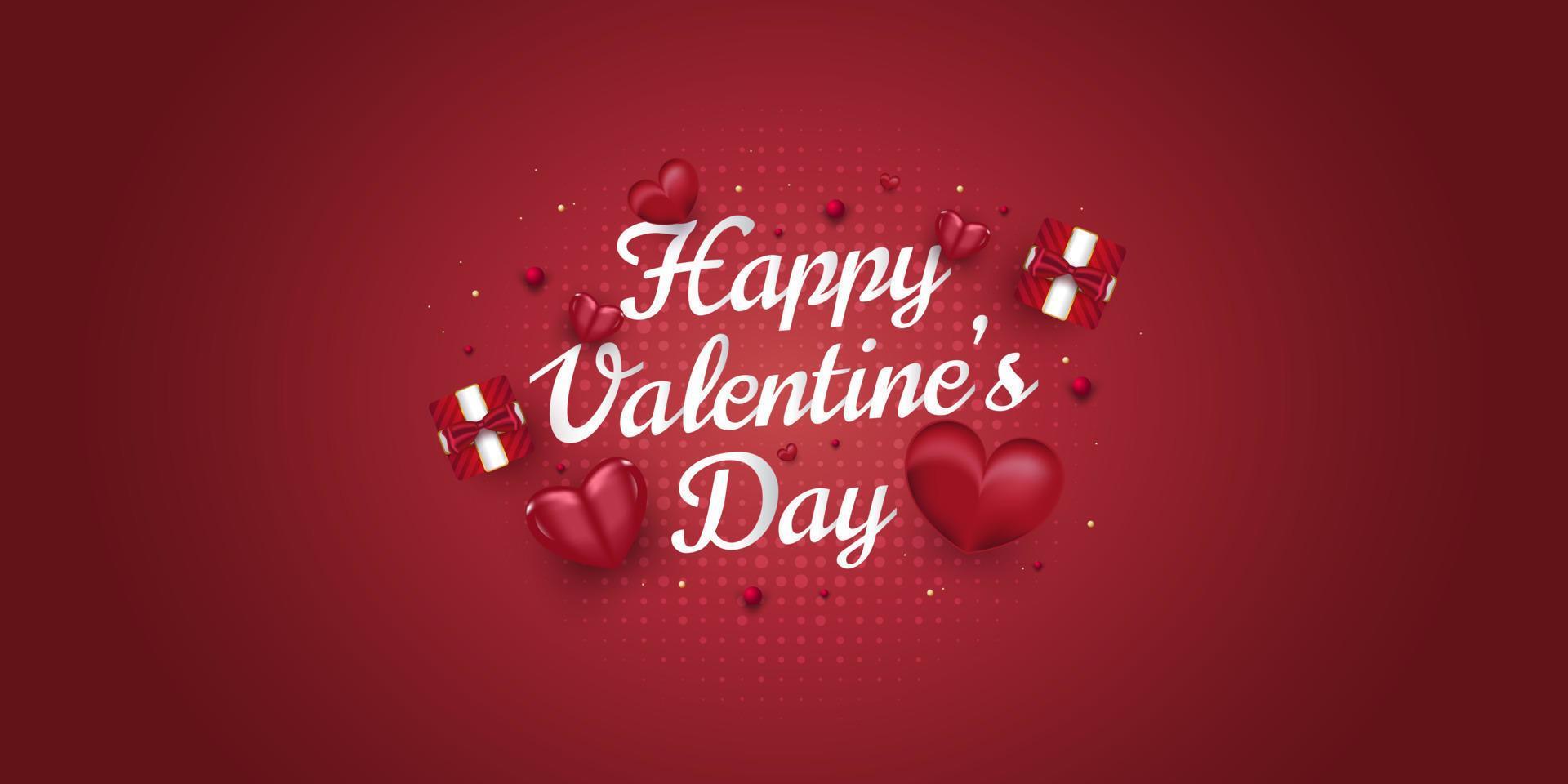 Happy Valentines Day Typography with Red Hearts and Gift Box Illustration Isolated on Red Background. Valentine Day Poster, Banner or Card Design vector