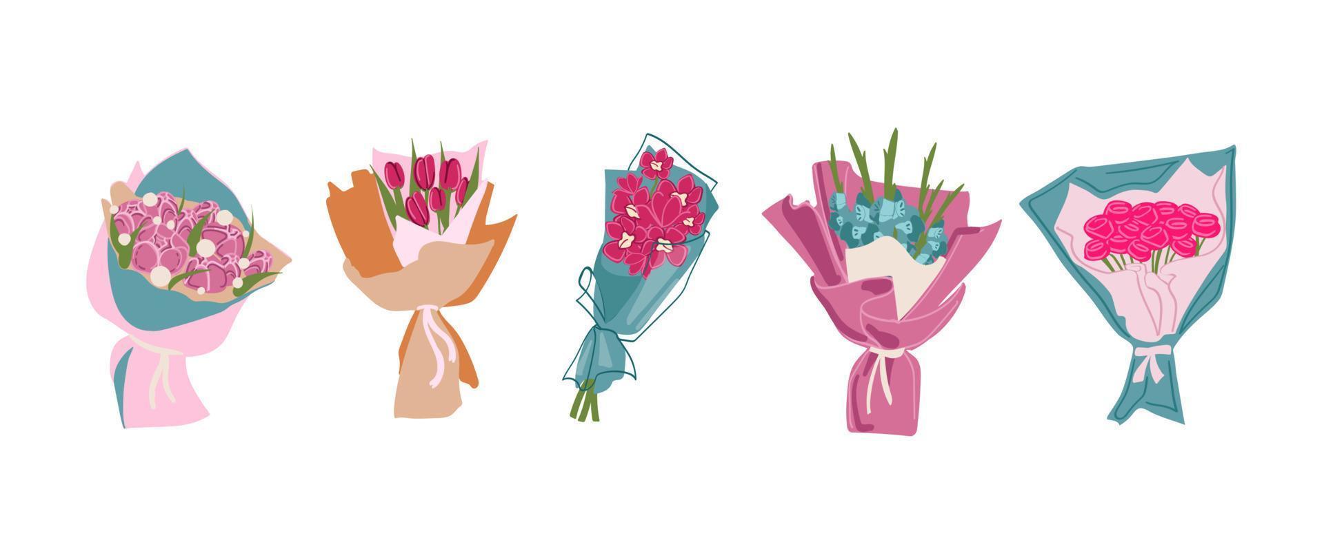 Flowers bouquets set. Tulips, poppies, chamomile, lilies of the valley, plants in pots. Vector colorful illustration isolated on white