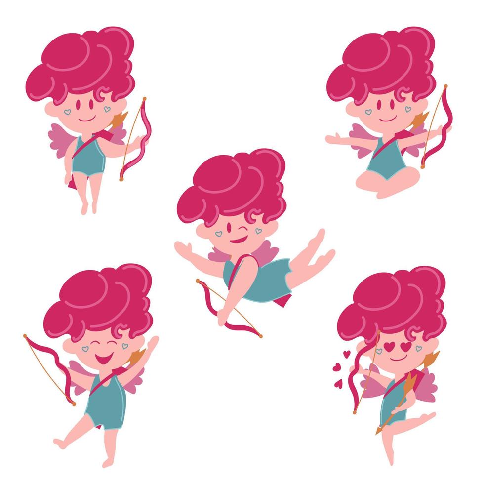 Amur babies. Funny cupid, little angels or god eros. Cute Greece kids with bow, heart hunters romantic vector characters