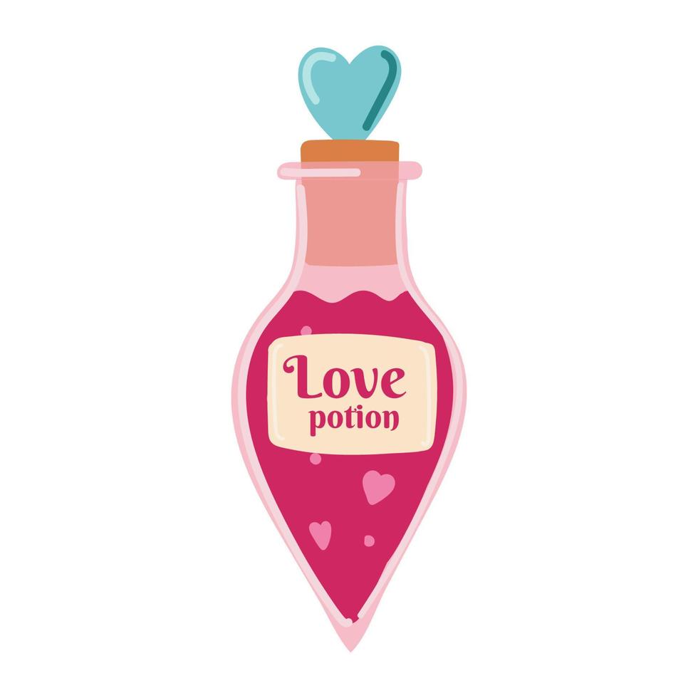 love potion. Rpg fantasy magic spell heart elixir. Chemistry glass bulb, pink liquid. Witch alchemy bottle, love vial. Aphrodisiac flask. Love formula. Marriage love potion. Vector illustration.