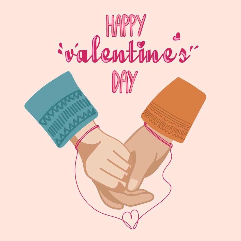 Valentine s Day Love and February 14. Vector cute illustrations. Postcard with hands tied with red thread. Drawings for a postcard, poster or card.