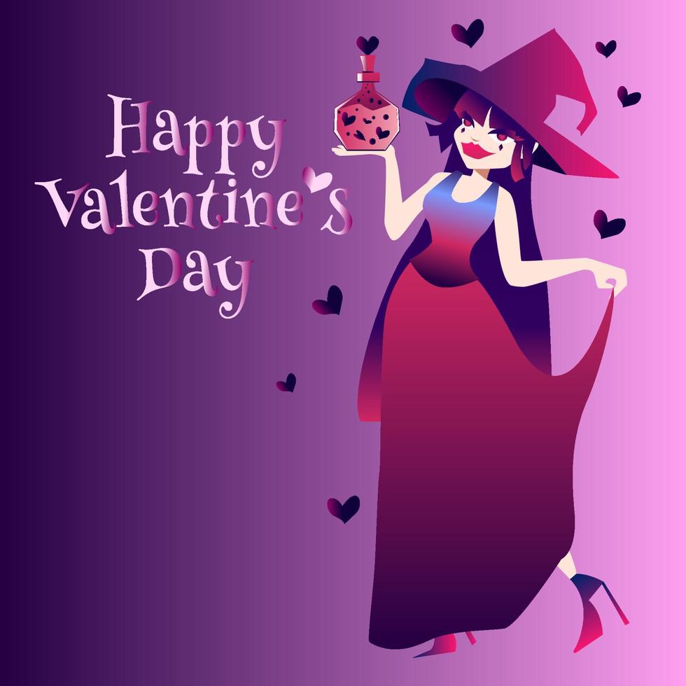 Valentine s Day Love and February 14. Witch holding a love potion in her hand. Vector art.