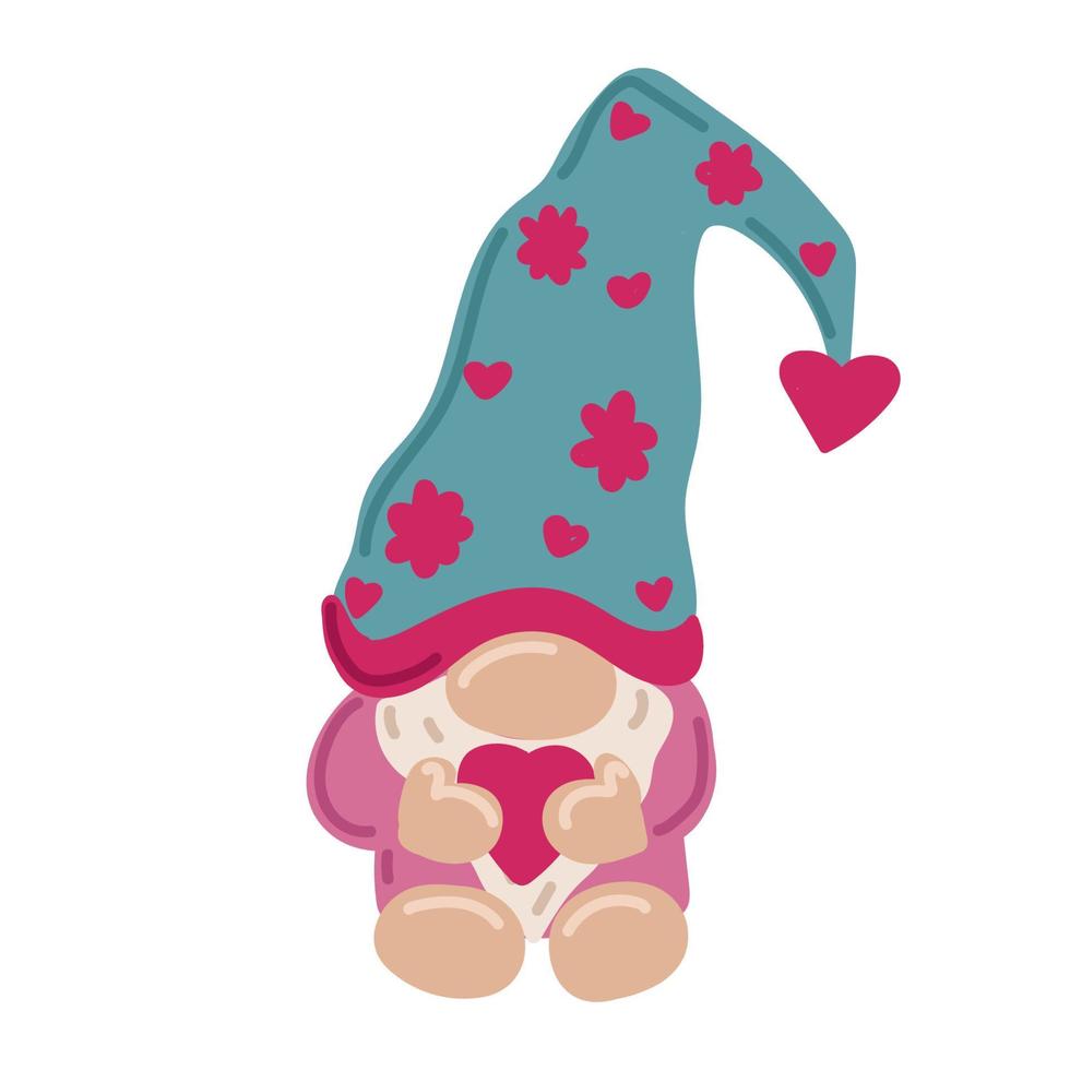 Cute Valentime Gnome with heart in hat for Valentine s day cards, gifts, t-shirts, mugs, stickers, scrapbooking crafts and design. vector