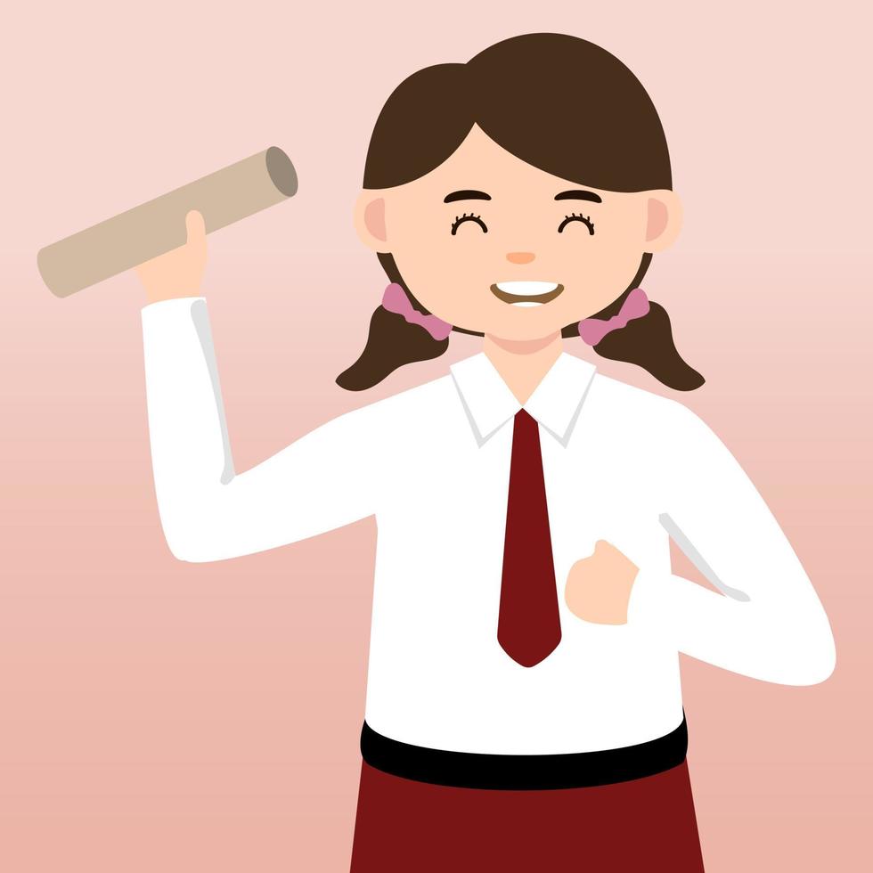 lementary School girl and Boy Student Wearing Red and White Uniform. Cartoon Vector Illustration. Portrait of an elementary school student. School students children with backpacks, books, macbook.