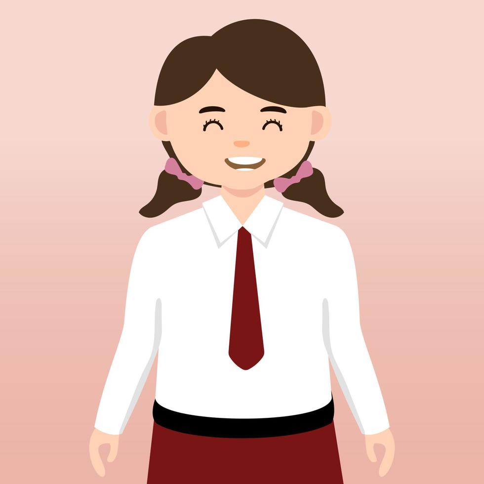 lementary School girl and Boy Student Wearing Red and White Uniform. Cartoon Vector Illustration. Portrait of an elementary school student. School students children with backpacks, books, macbook.