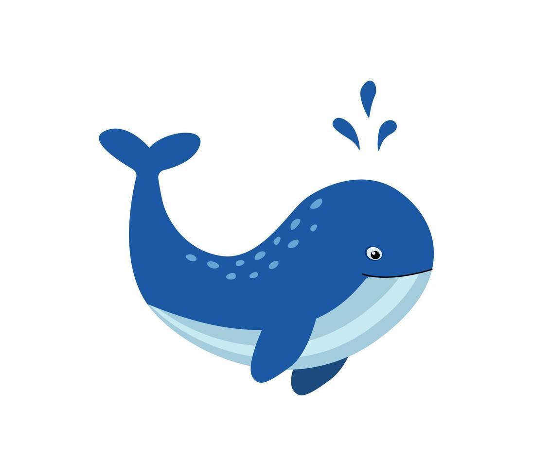 Cute cartoon whale swims isolated on a white background. Vector logo illustration of ocean life.