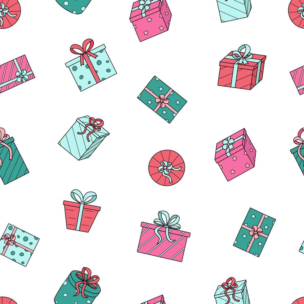 Seamless pattern gift boxes in wrapping paper with bows. Background texture packaging. vector