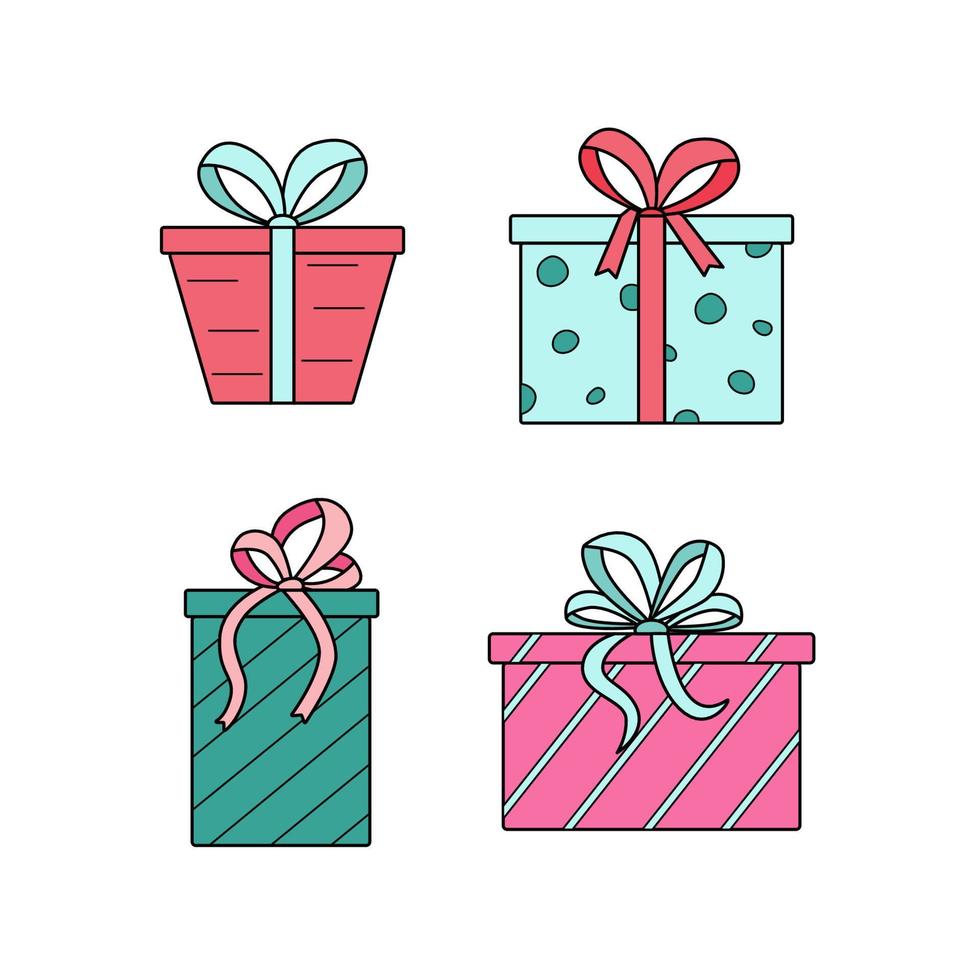 Gift boxes with bows. Vector illustration of colored icons of a festive present in a package. Isolated on white, a set of boxes in wrapping paper.