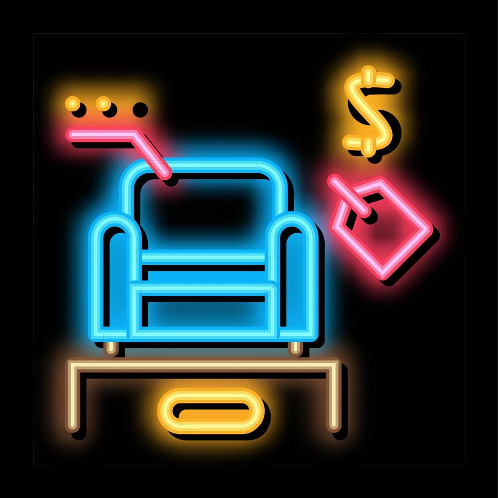 sillón vendiendo ilustración de icono de resplandor de neón vector