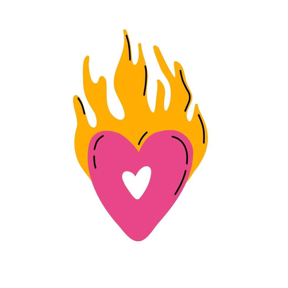 Hand drawn trendy heart in fire vector illustration.