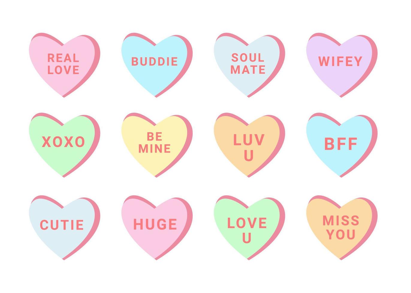 conjunto de vectores de diferentes colores de dulces de San Valentín con texto de amor
