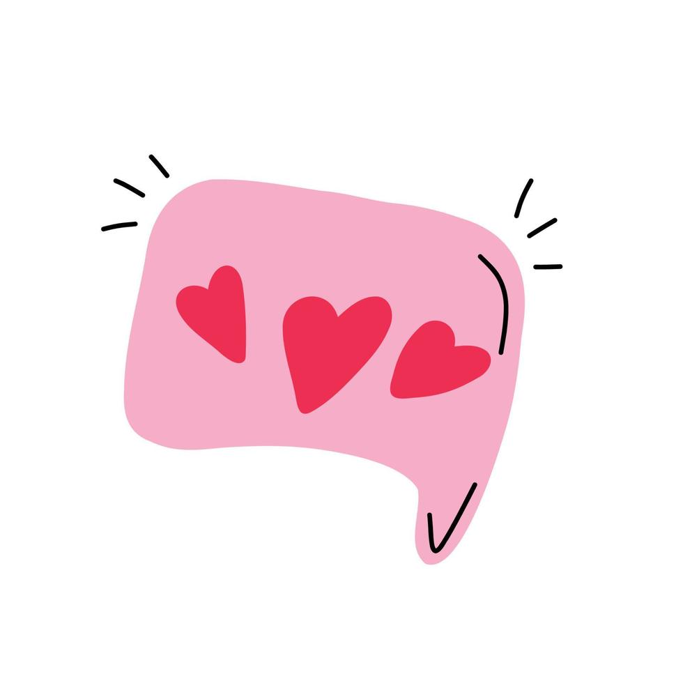 Hand drawn pink chat bubble with hearts. romantic and love message symbol. vector