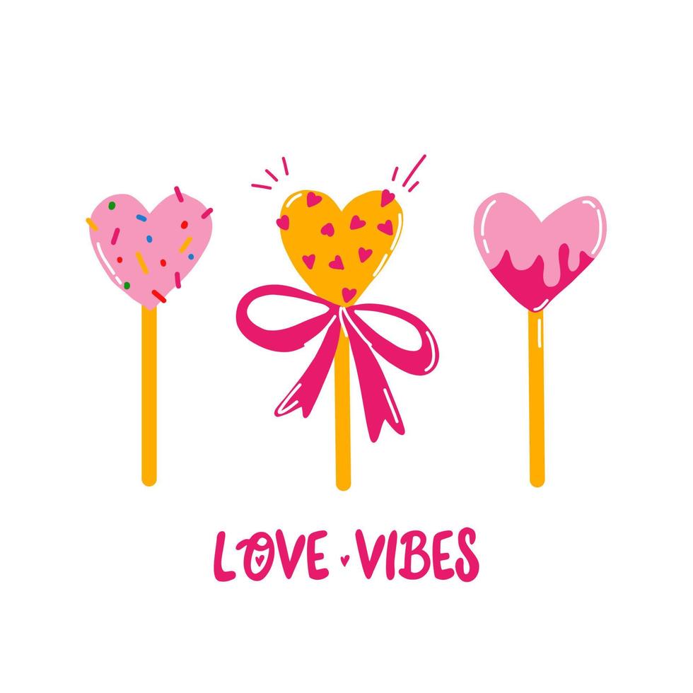 conjunto de linda piruleta en forma de corazón. ilustración vectorial dibujada a mano para tarjetas de San Valentín, regalos y recuerdos. vector