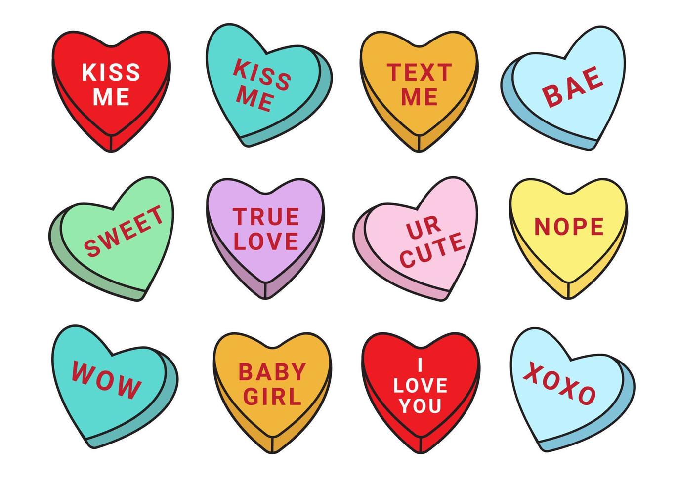 conjunto de vectores de diferentes colores de dulces de San Valentín con texto de amor