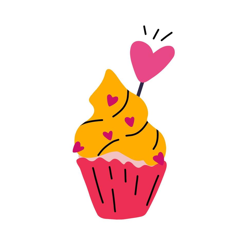 cupcake dibujado a mano con corazones rosas en crema vector