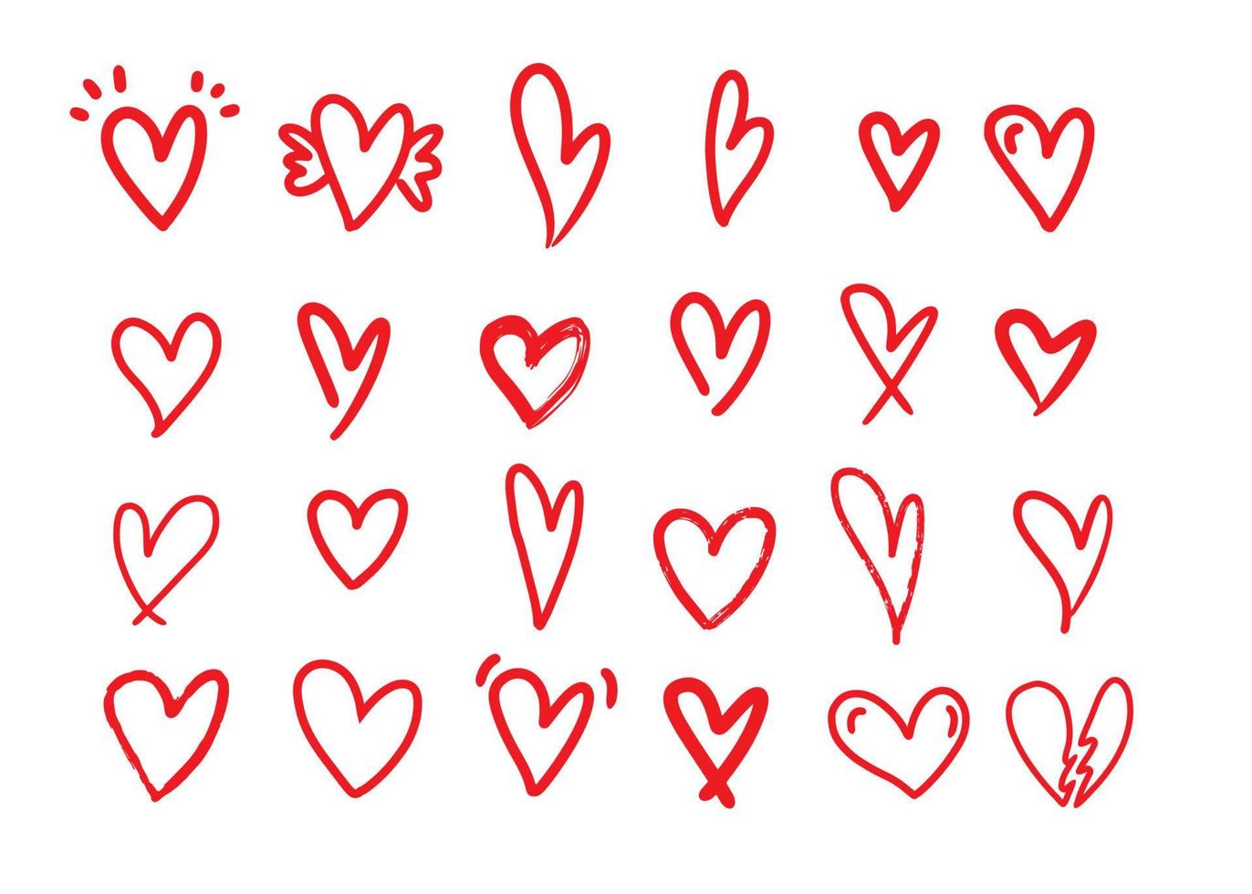 conjunto vectorial de corazones dibujados a mano. color rojo vector