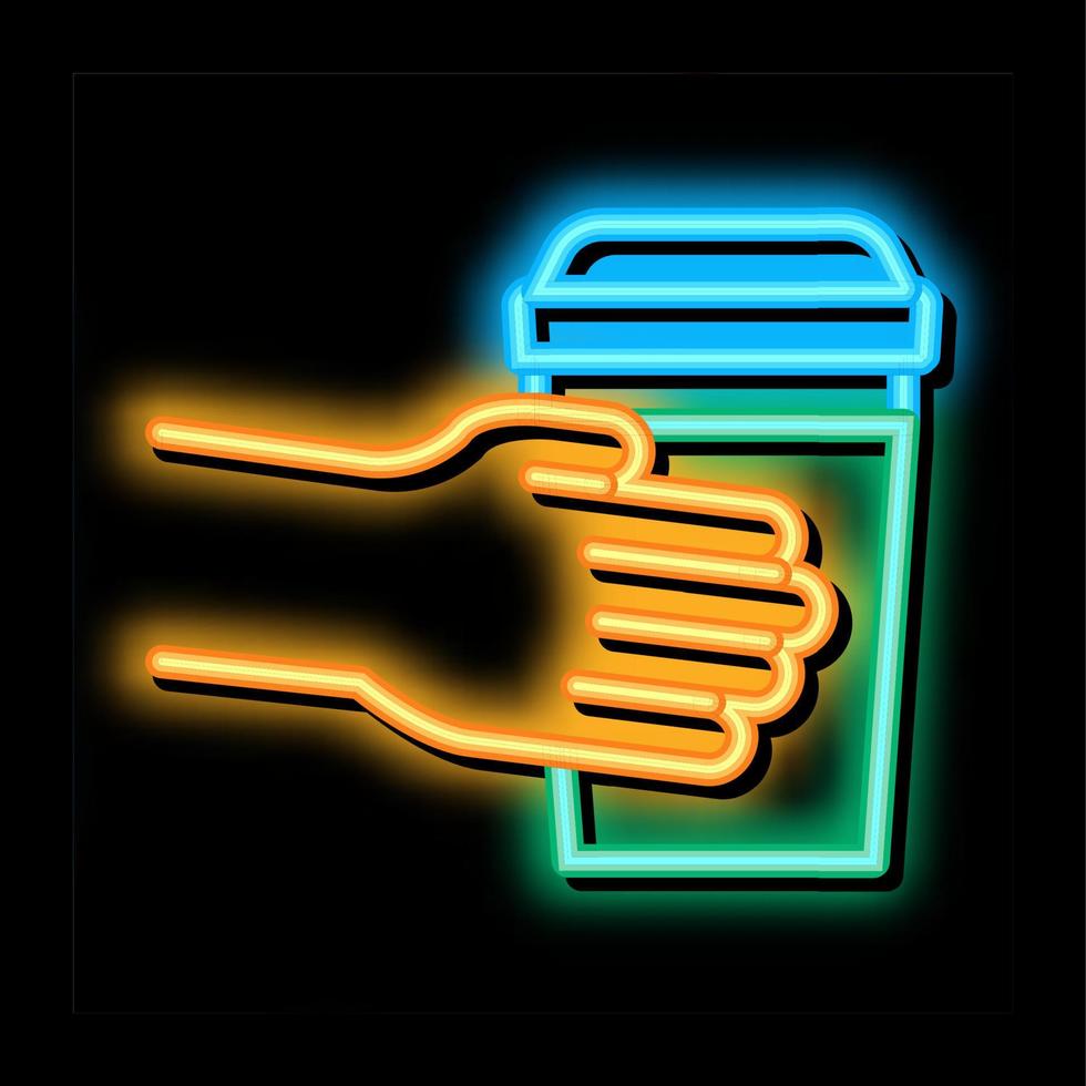 hand holding drink cup neon glow icon illustration vector