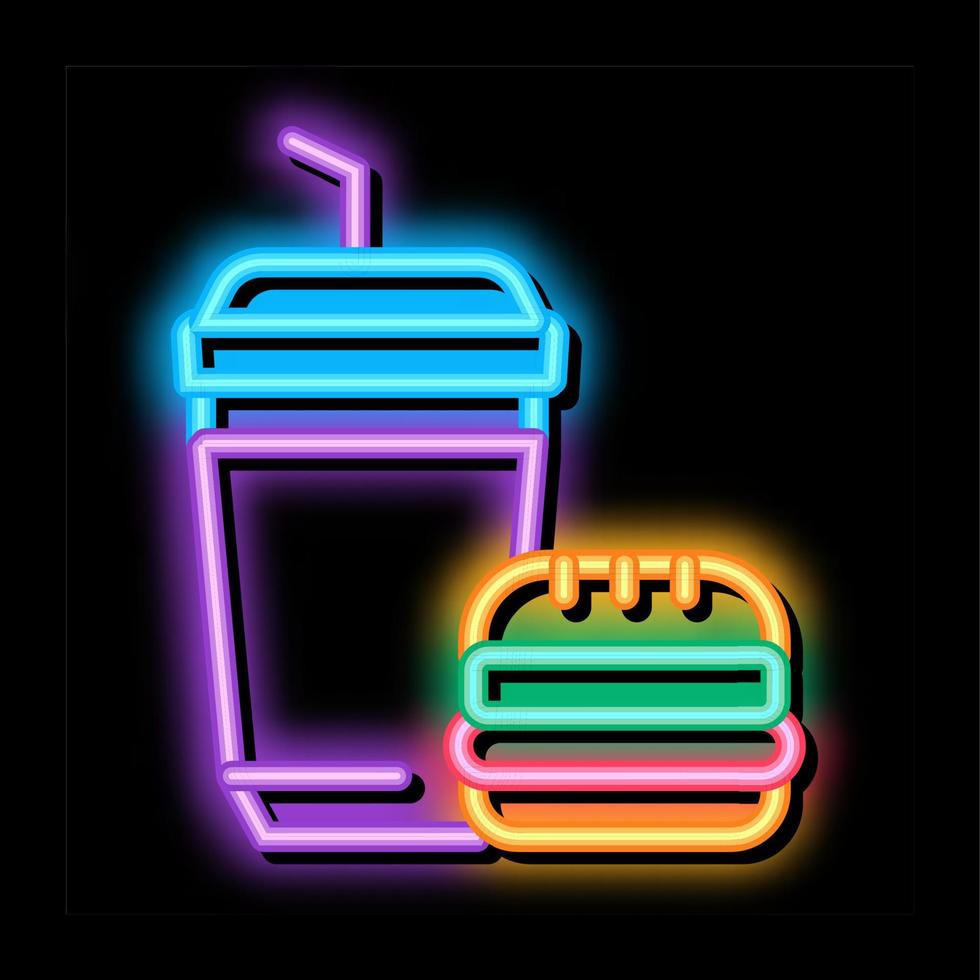 hamburguesa de comida y taza de bebida ilustración de icono de brillo de neón vector