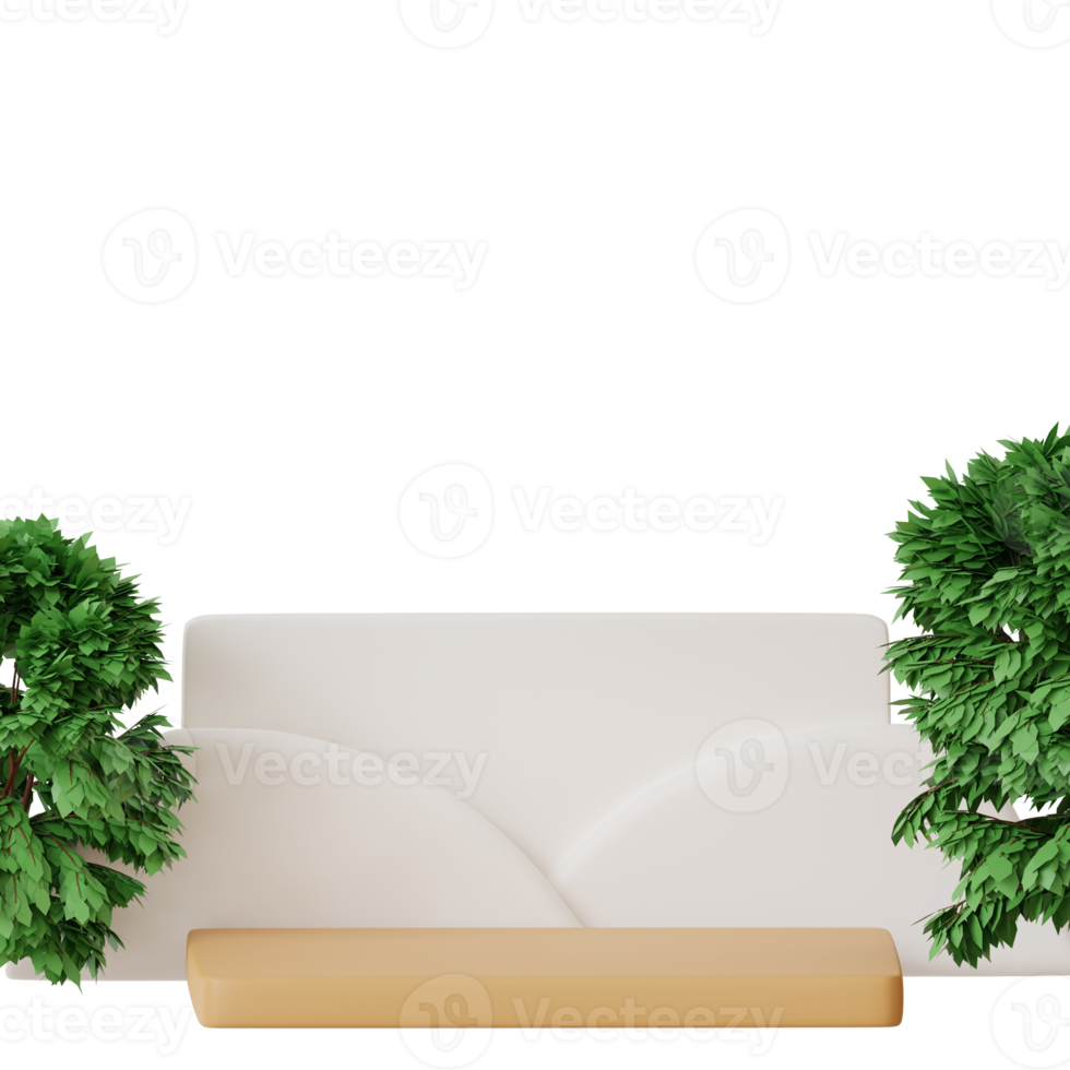 3D-Rendering-Würfelpodium mit grünem Baum drumherum und Ornament auf der Rückseite, perfekt für die Produktpräsentation png