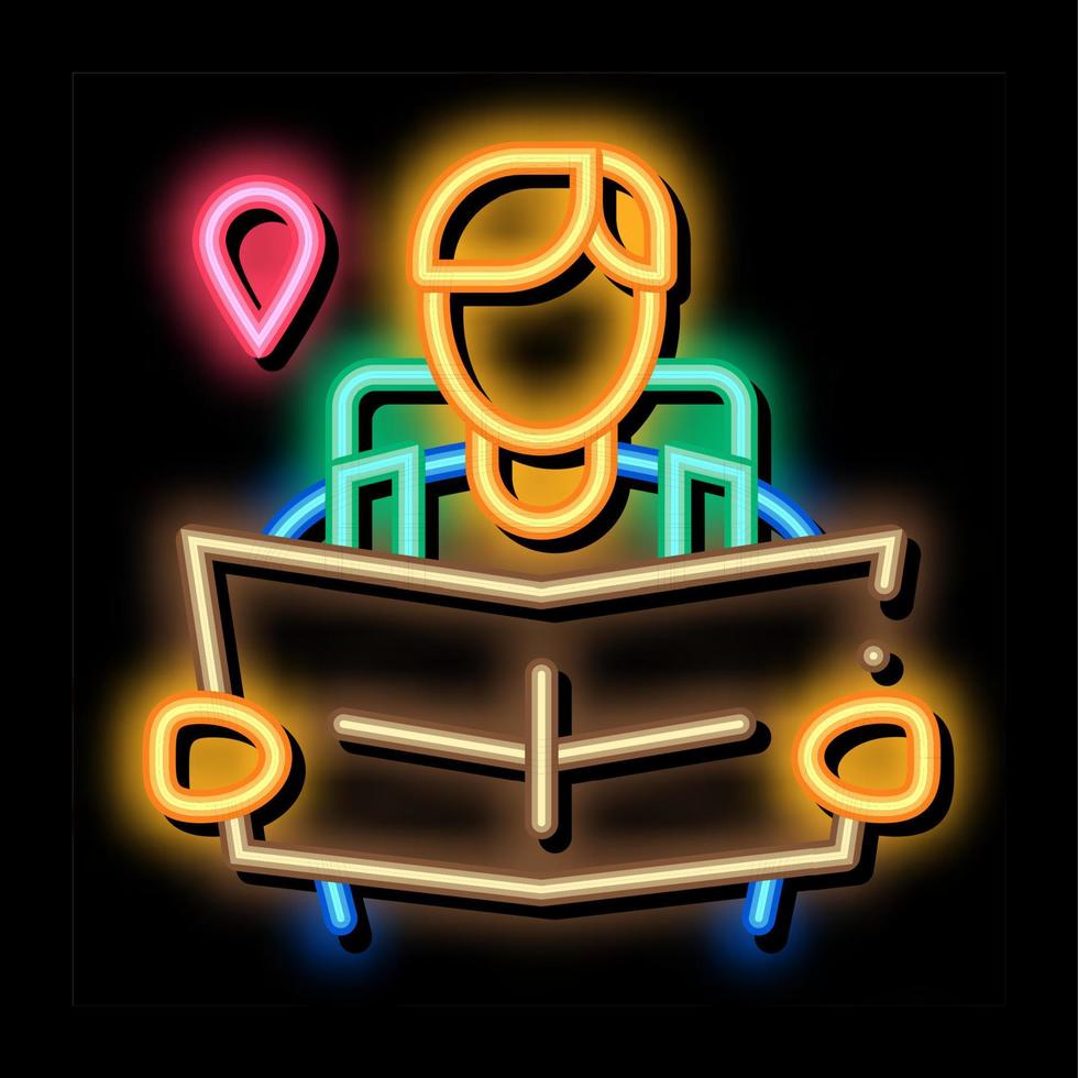 tourist reading map neon glow icon illustration vector