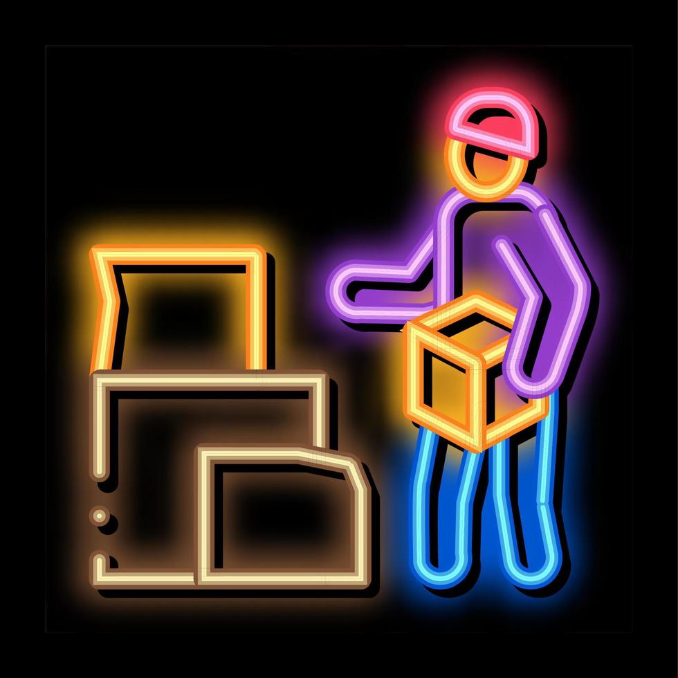 homeless with cardboard boxes neon glow icon illustration vector